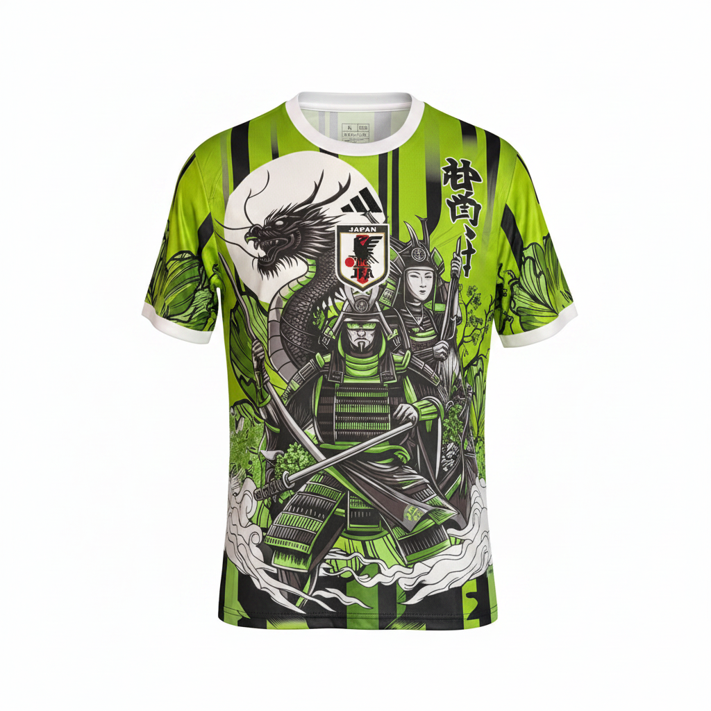 Lime green samurai and dragon graphic football jersey ghost mannequin front view