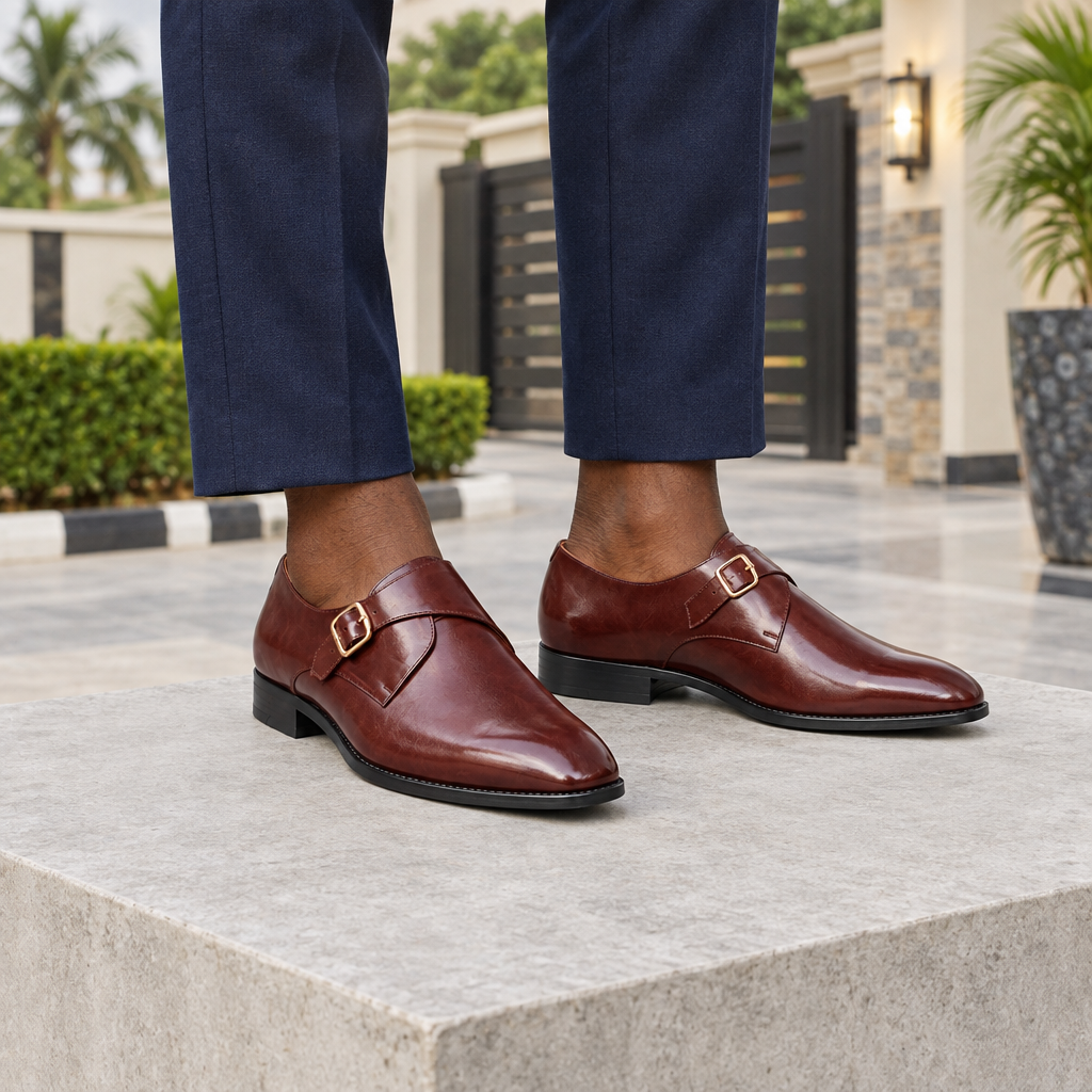 Man wearing burgundy brown monk strap dress shoes with navy tailored trousers