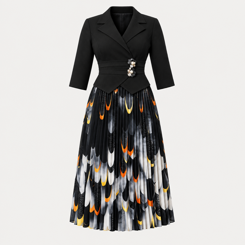 Ghost mannequin view of a black pleated gown with floral waist detail and abstract-print skirt