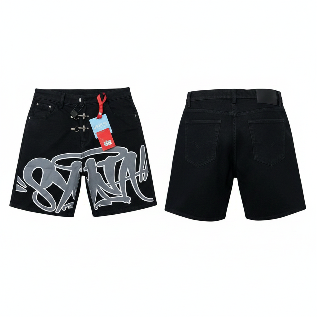 Men's black graffiti tag print clasp hardware denim shorts ghost mannequin front and back view