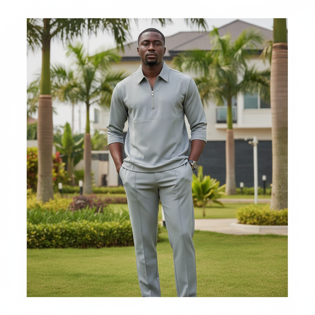 Men's Ash Grey 3/4 Sleeve Zip Shirt & Straight-Leg Trousers Co-ord Set – Model Shot