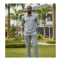 Men's Ash Grey 3/4 Sleeve Zip Shirt & Straight-Leg Trousers Co-ord Set – Model Shot