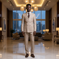 Young Nigerian male model wearing sand pinstripe double-breasted suit