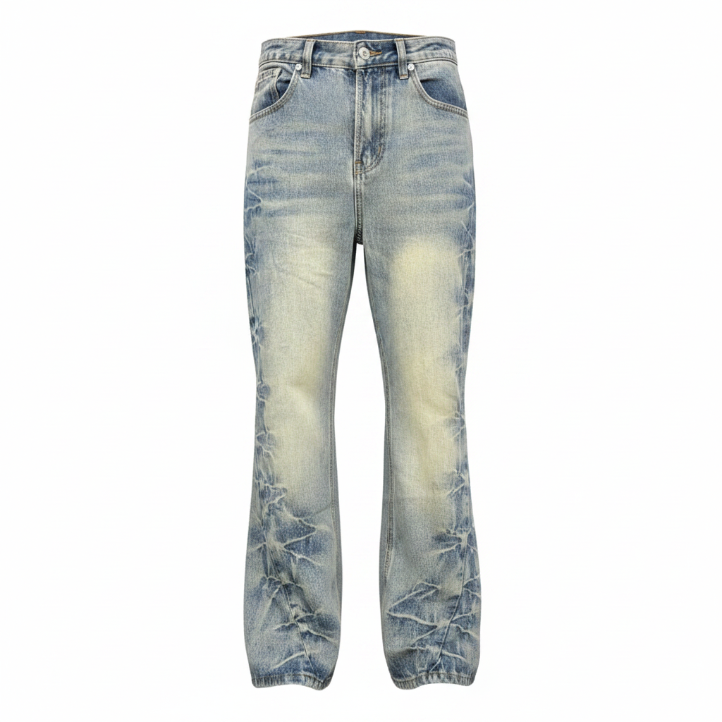 Ghost mannequin of light blue distressed flared jeans