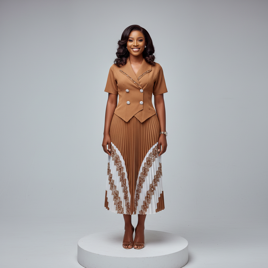 Nigerian female model wearing Caramel Pleated Blazer and Skirt Co-ord Set - front view