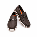 Dark brown croc-embossed loafer pair ghost mannequin front and sole view