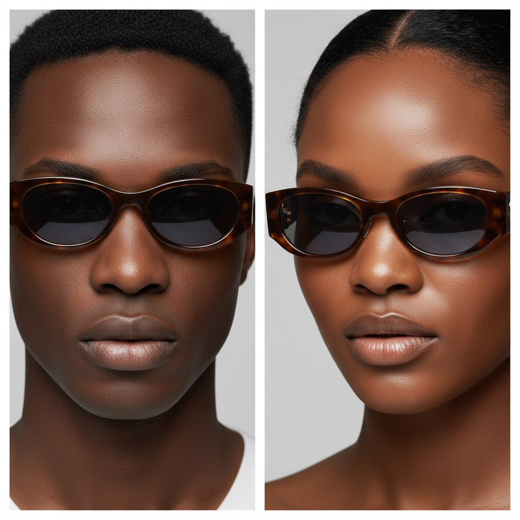 Male and female model dual shot — Slim Rectangular Sunglasses Tortoiseshell Gold Blue
