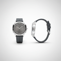 Grey dial wristwatch with a silver-tone case shown from the front and side