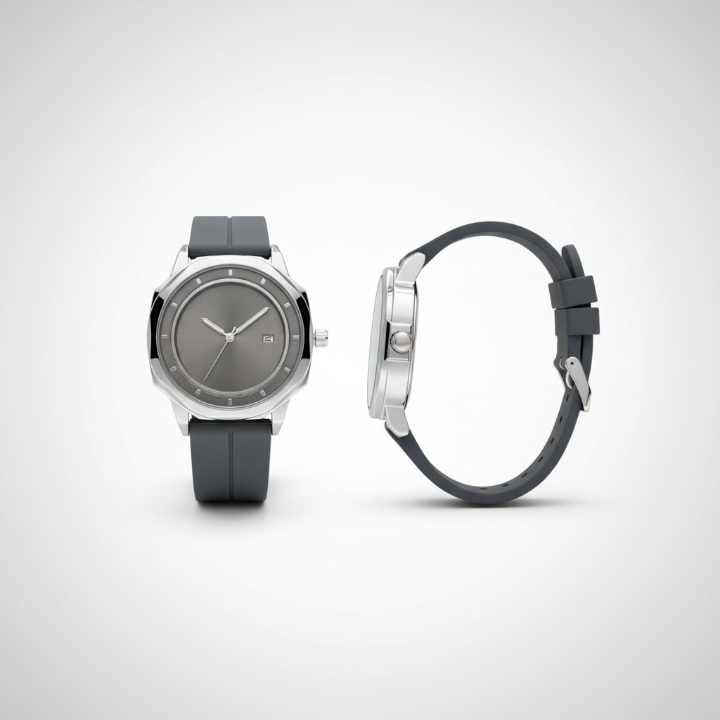 Grey dial wristwatch with a silver-tone case shown from the front and side