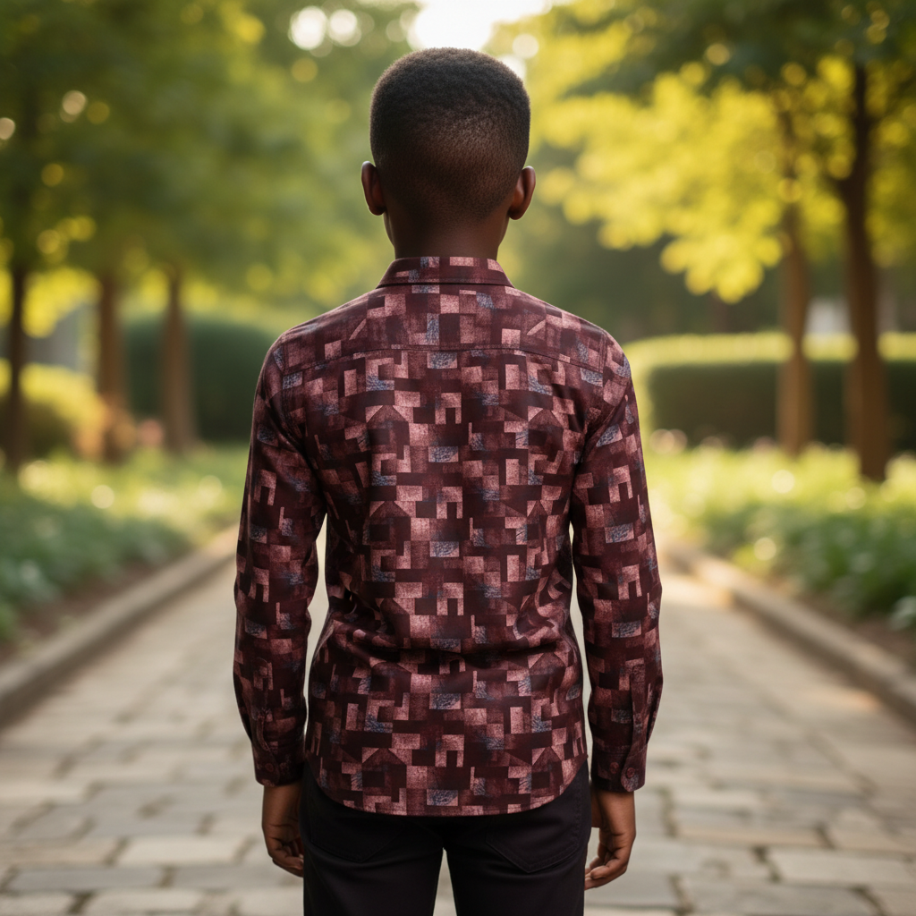 Boys Burgundy Mosaic Print Shirt - Back View