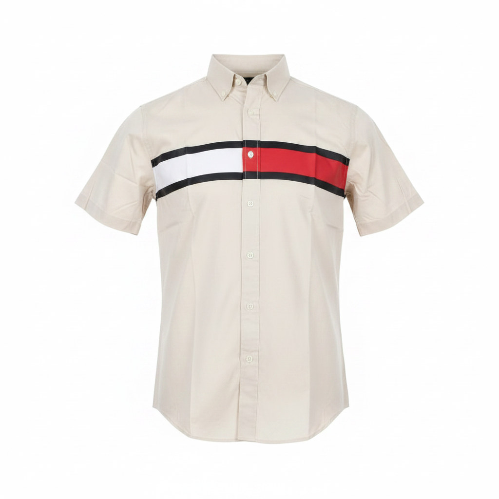 Cream Striped Short-Sleeved Shirt - Ghost Mannequin Front