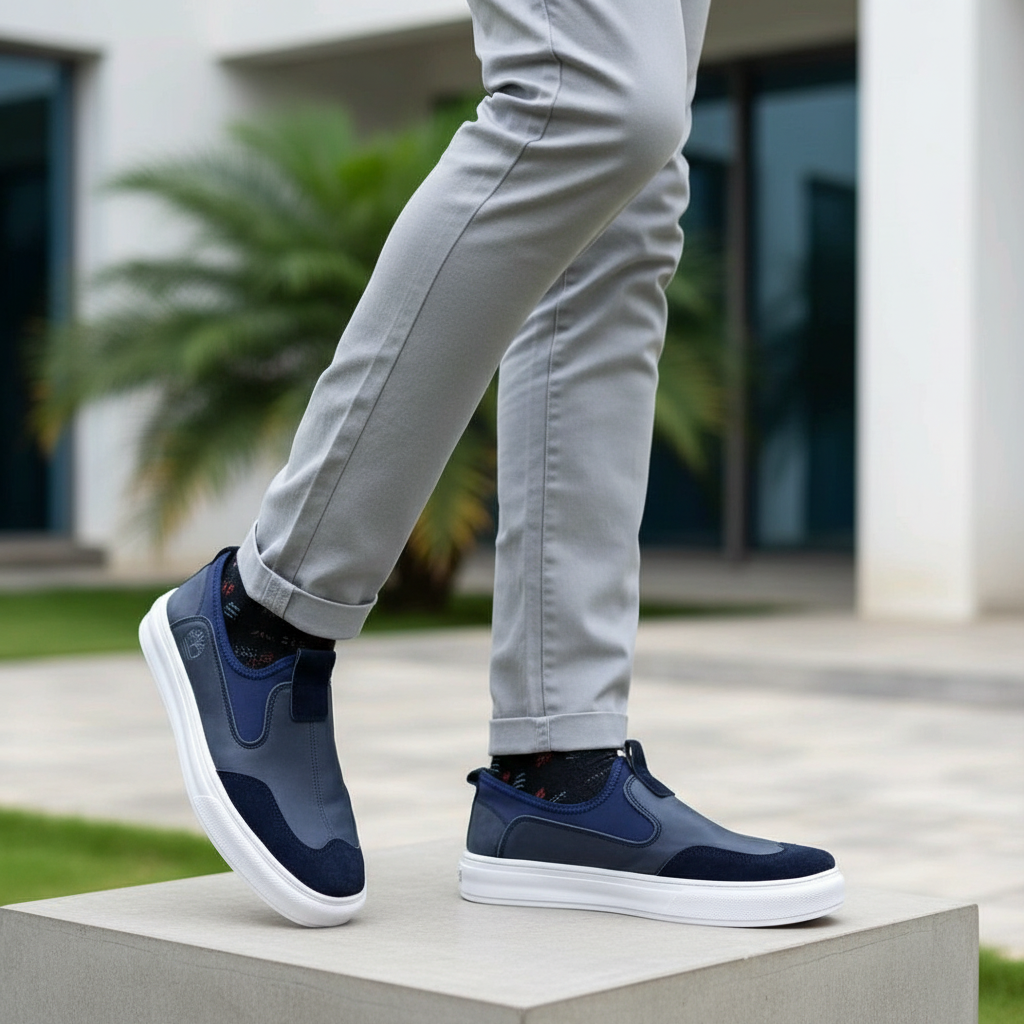 Nigerian male model leg focus shot wearing navy blue two-tone slip-on platform sneaker — both feet visible, street style