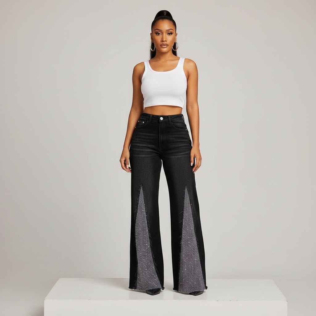 Black Rhinestone Side Panel Flare Jeans – Model Front