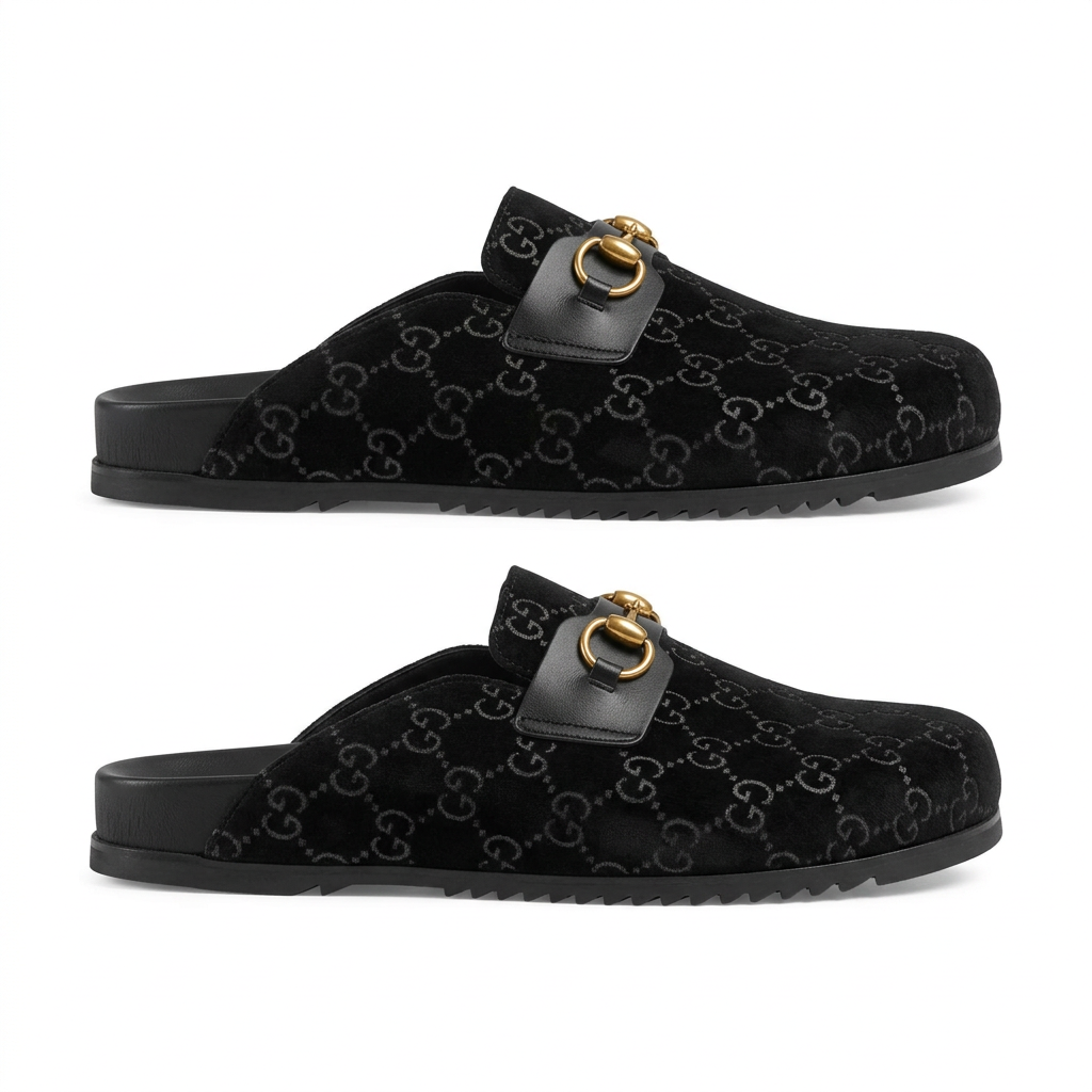 Black monogram horsebit mule pair on white