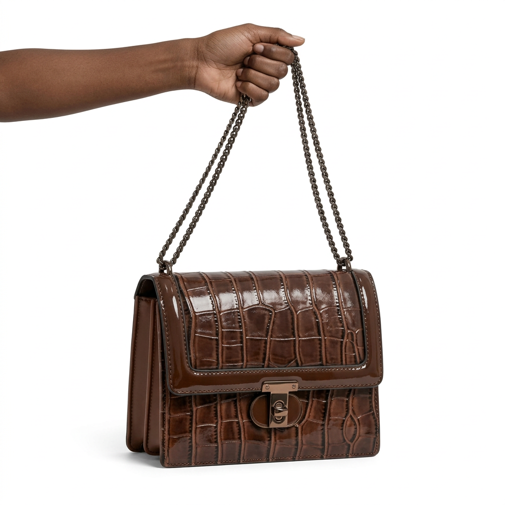 Black woman’s hand securely holding both sides of a brown croc-effect bag’s chain strap
