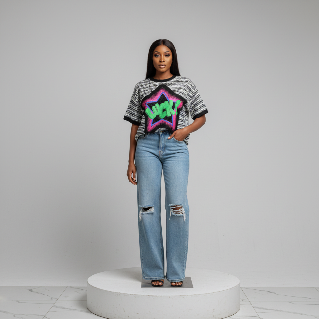 Light Blue Wide-Leg Distressed Ripped Jeans - Model Front View