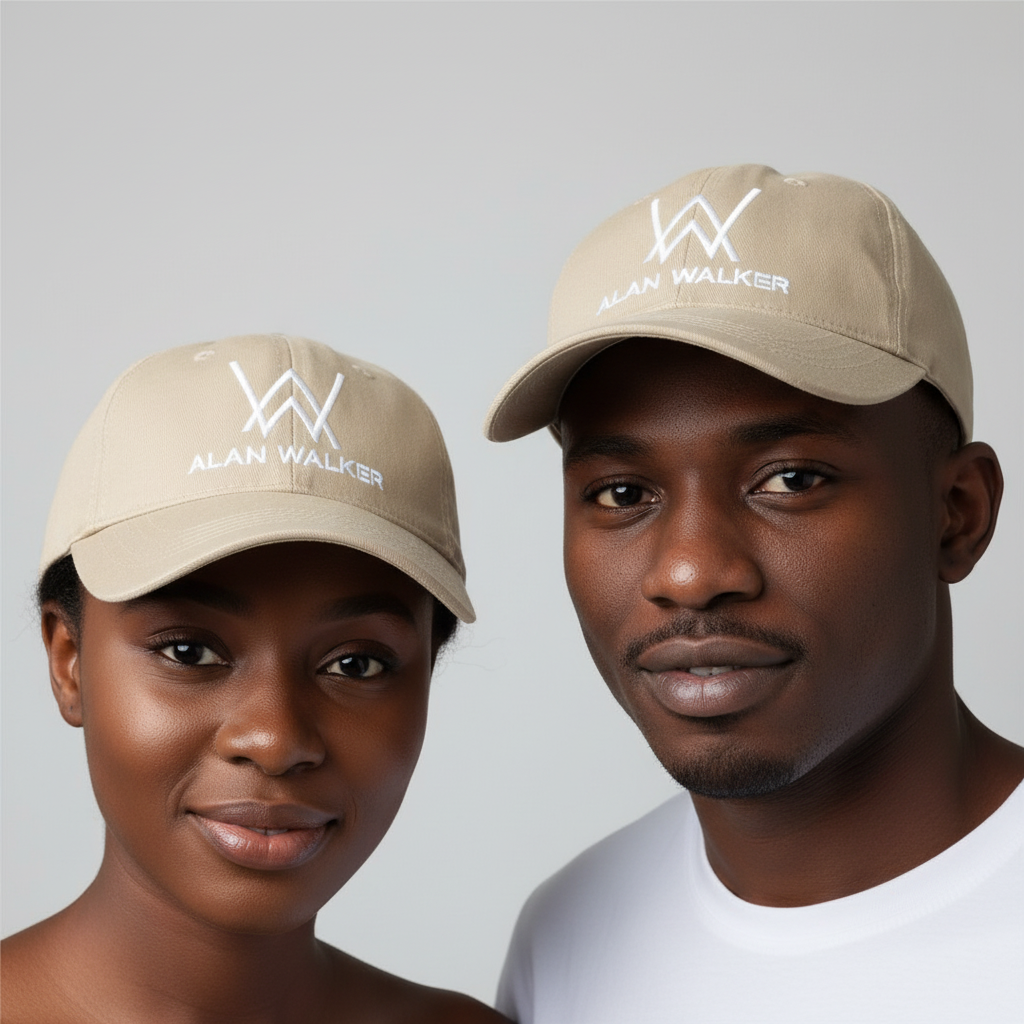 Nigerian female and male models wearing light khaki AW monogram embroidered dad cap – head shot