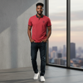 Young Nigerian male model wearing red charcoal contrast crest polo shirt