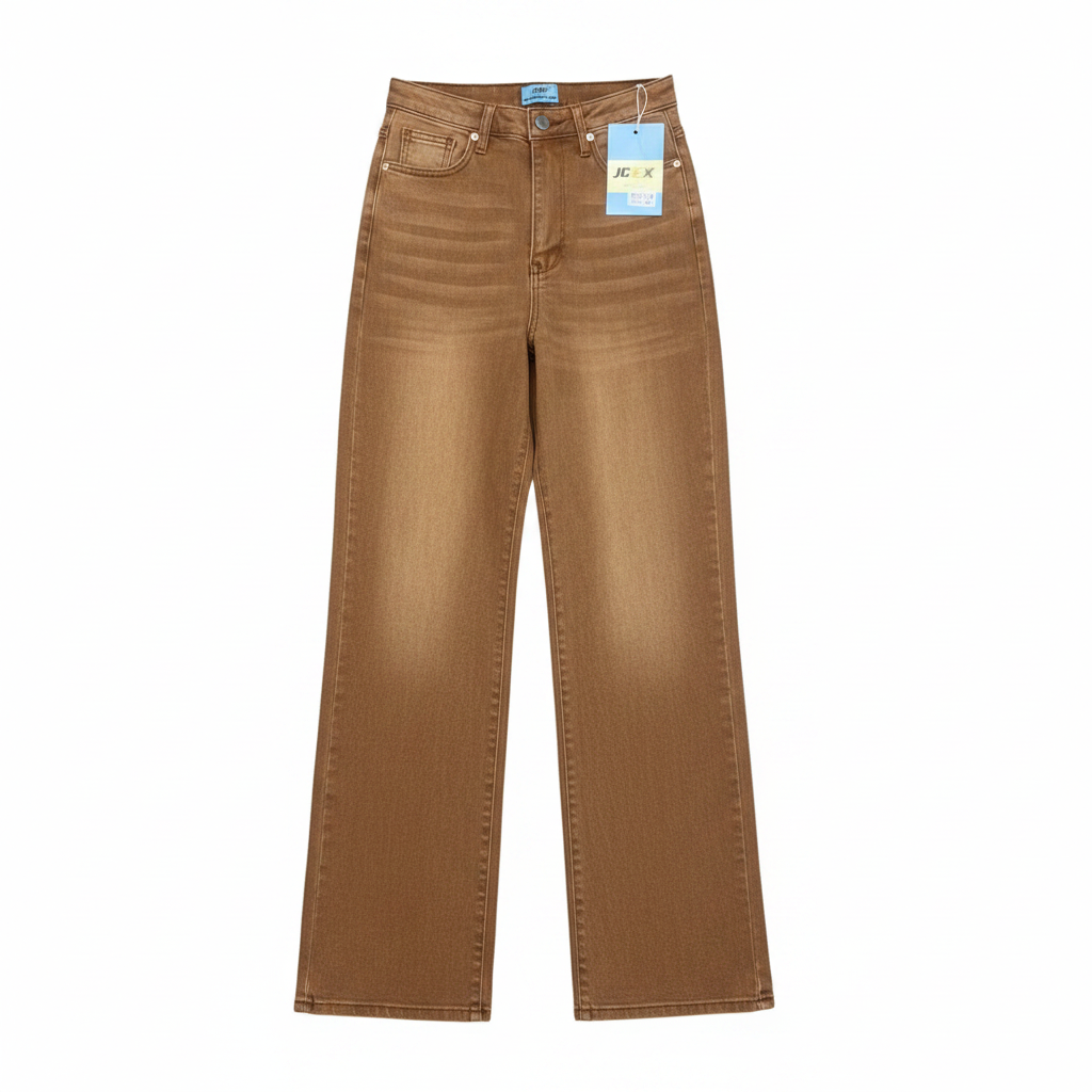 Caramel Brown Washed Wide-Leg Jeans - Ghost Mannequin Front