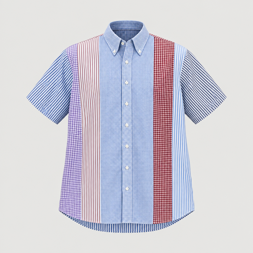 Blue and red patchwork short-sleeve shirt, ghost mannequin front view
