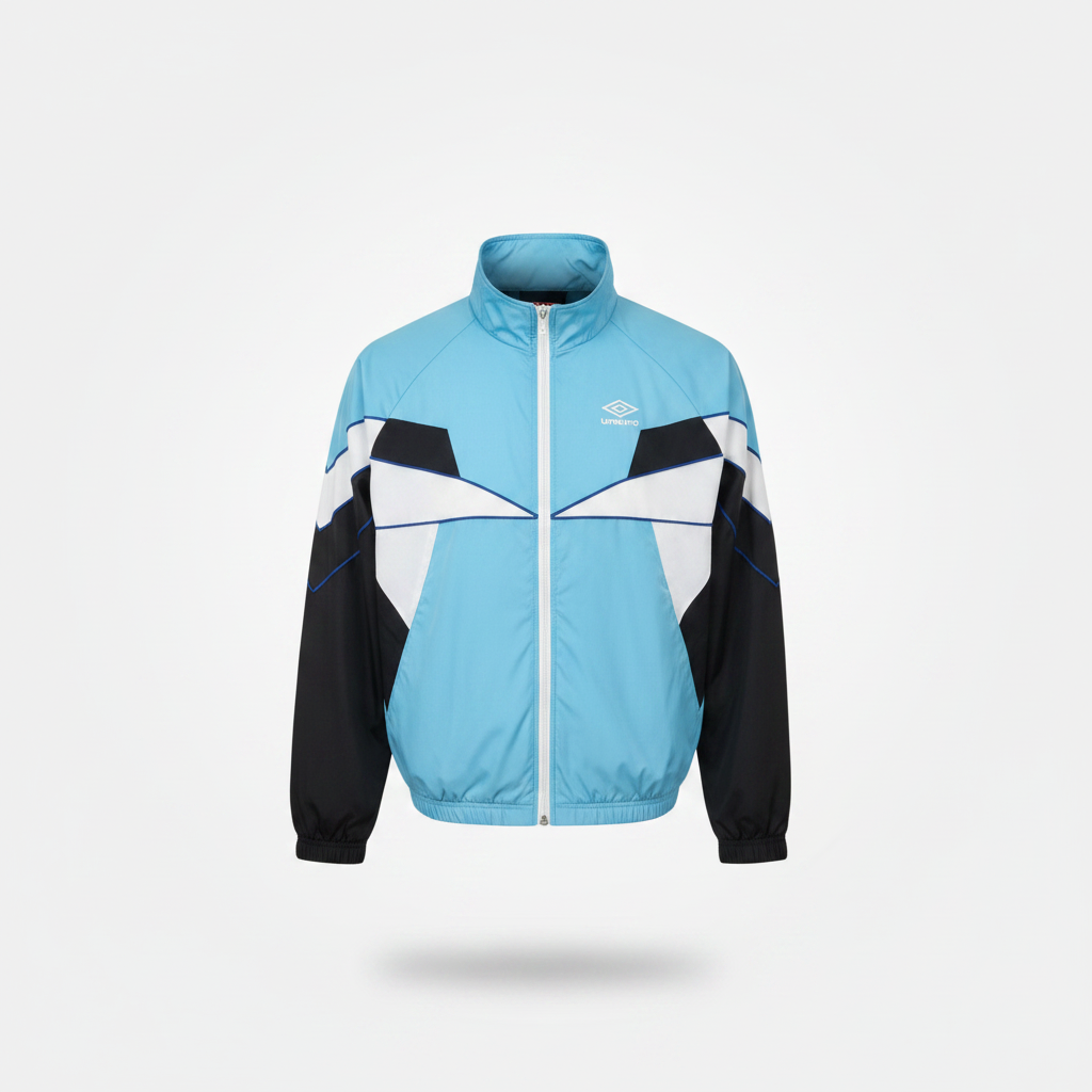 Ghost mannequin view of the light blue and black colourblock track jacket