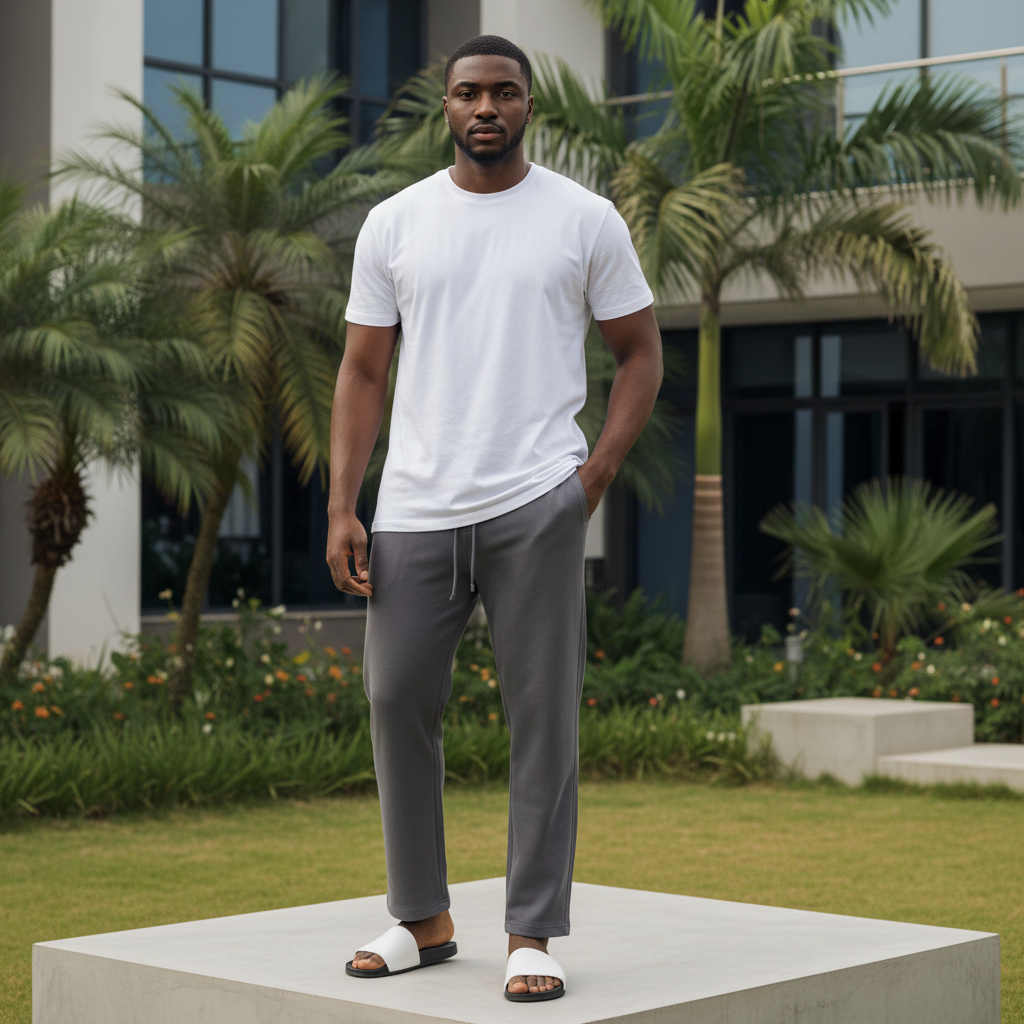 Nigerian male model wearing washed grey drawstring sweatpants