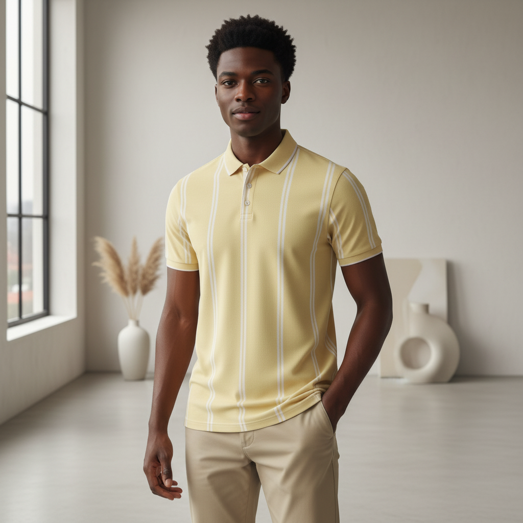 Young Nigerian male model wearing yellow polo shirt with white vertical stripes