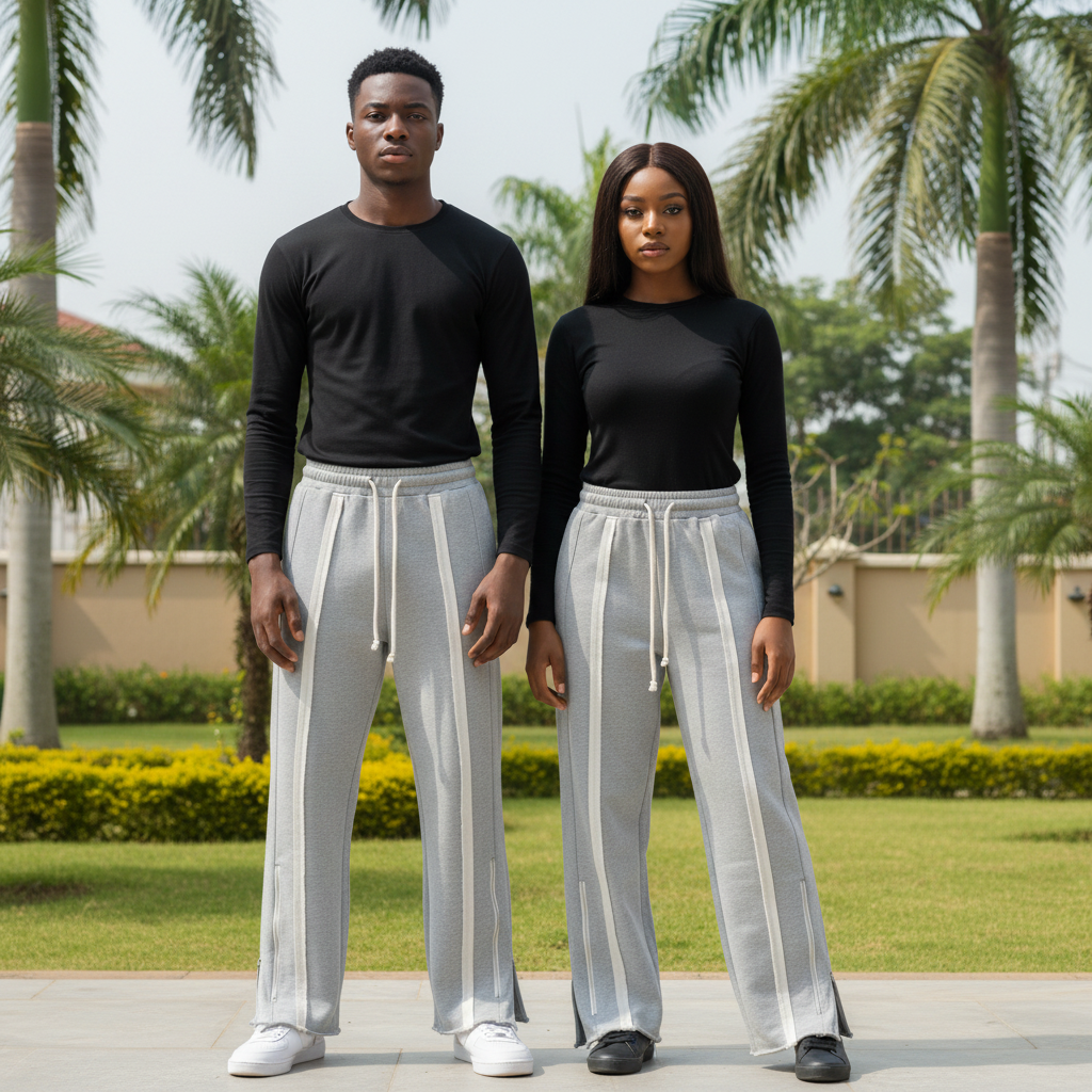 Nigerian male and female models wearing unisex grey wide-leg jogger trousers with double white front stripe panels, clean outdoor setting, 1:1 square