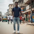 Young Nigerian male model wearing navy blue plain pique polo shirt