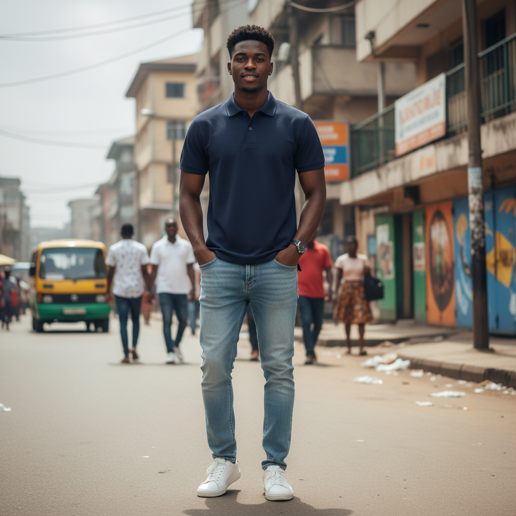 Young Nigerian male model wearing navy blue plain pique polo shirt