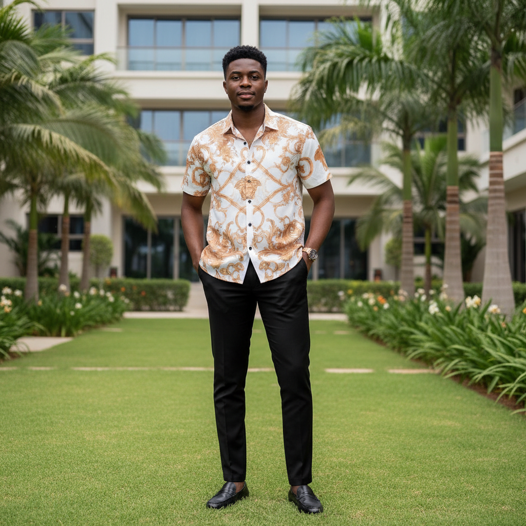 Nigerian male model wearing white baroque scrollwork print short-sleeve shirt