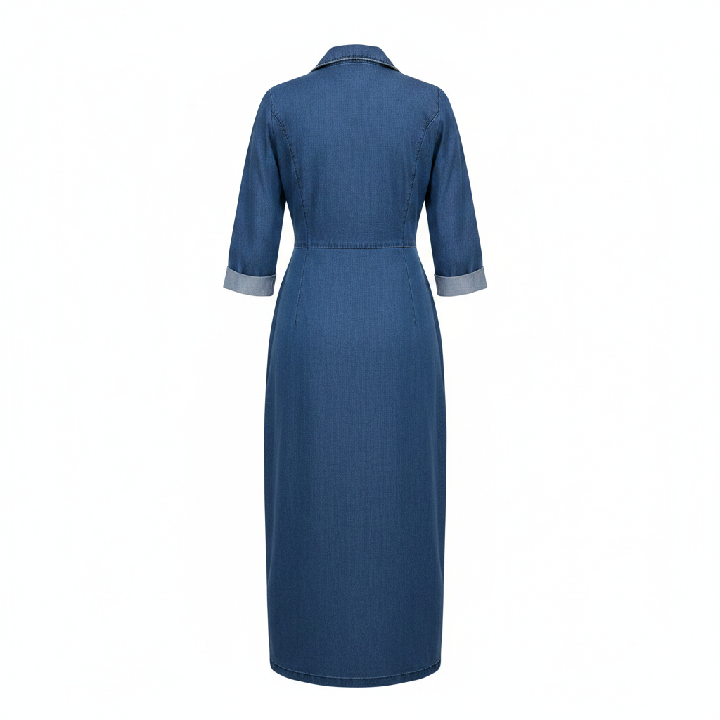 Blue Denim Zip-Front Maxi Dress – Back Ghost Mannequin
