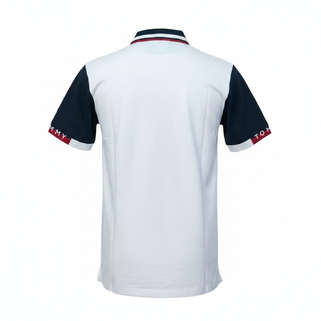 Men's white navy colourblock striped collar polo shirt - ghost mannequin back view