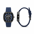 Full black multi-dial watch with blue strap shown from the front and side on a white background