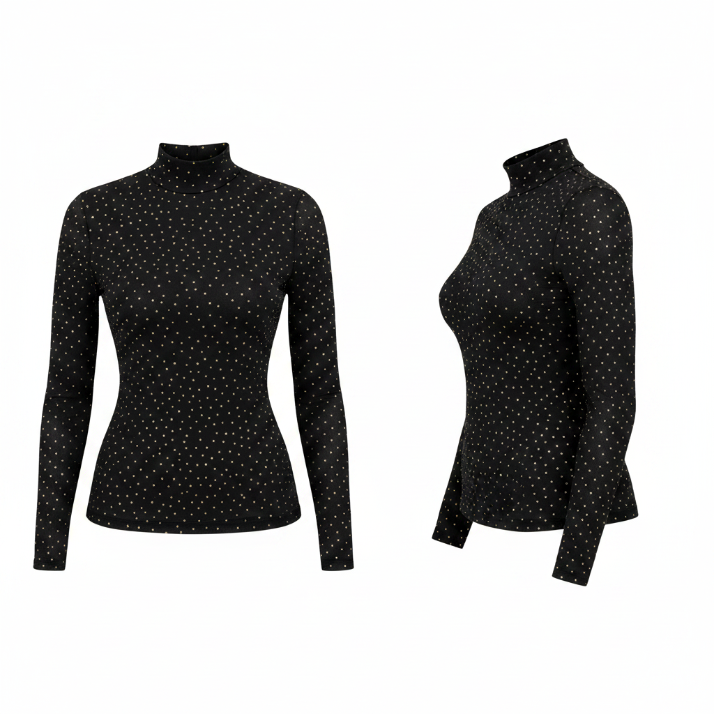 Women's Black Rhinestone Mock-Neck Top – Ghost Mannequin Front and Side View