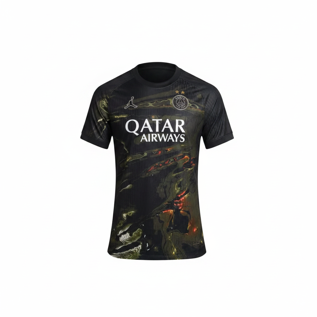 Black molten lava art football jersey ghost mannequin front view - olive green gold orange graphic print