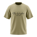 Light olive script-print crew-neck T-shirt in a shaped ghost mannequin view on white