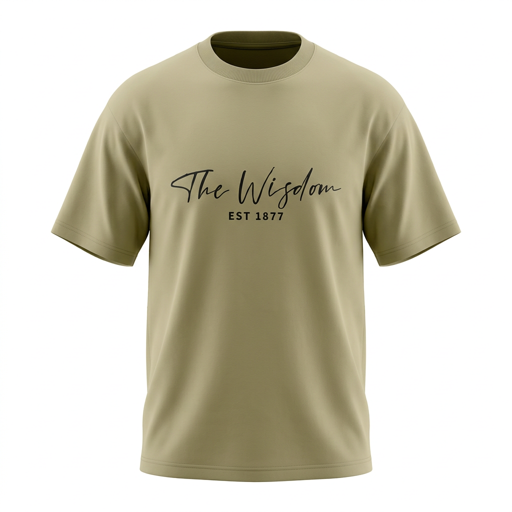 Light olive script-print crew-neck T-shirt in a shaped ghost mannequin view on white