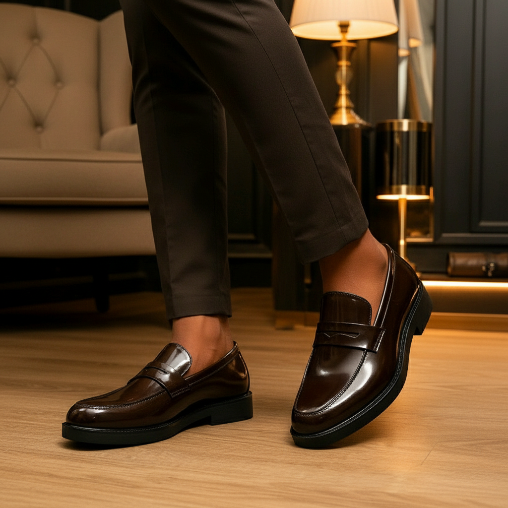 Brown Cognac Polished Leather Penny Loafer - Model Shot