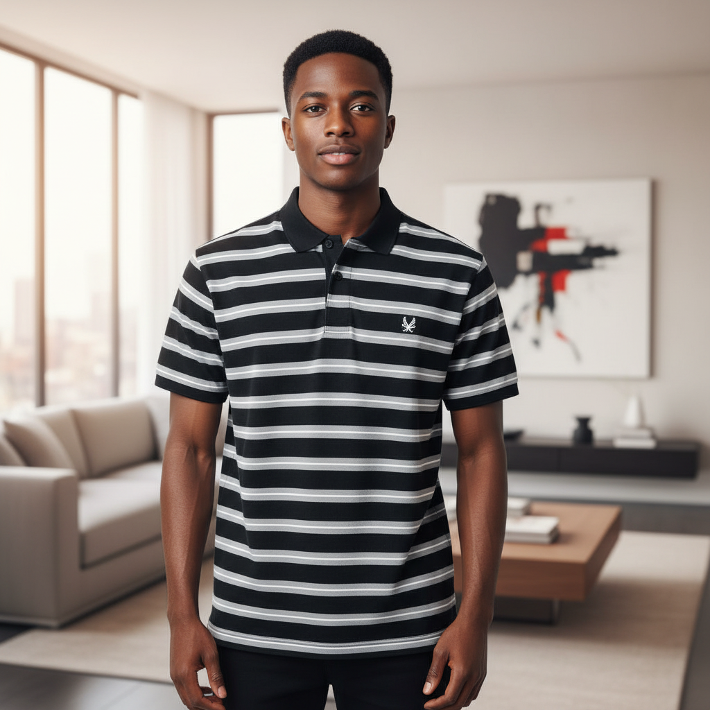Young Nigerian male model wearing black and grey stripe polo shirt, front view