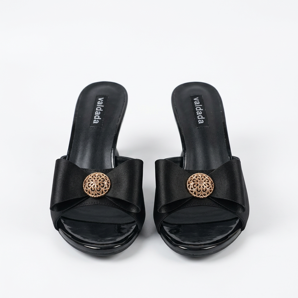 Black bow-detail open-toe heeled mules pair