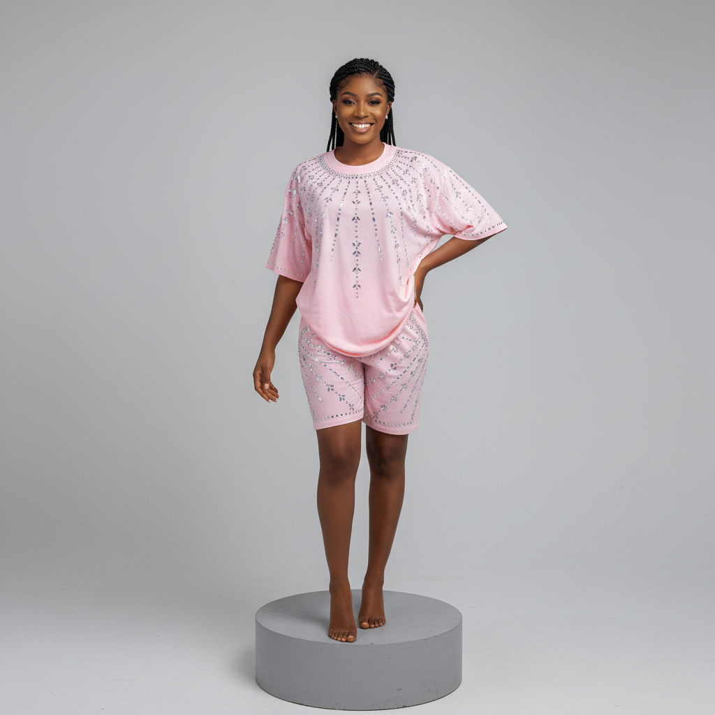 Nigerian female model front view - pink cascading rhinestone top and shorts set