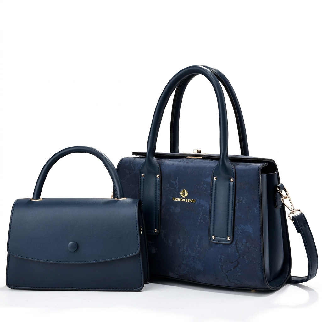 Navy patterned tote and matching flap handbag on white background