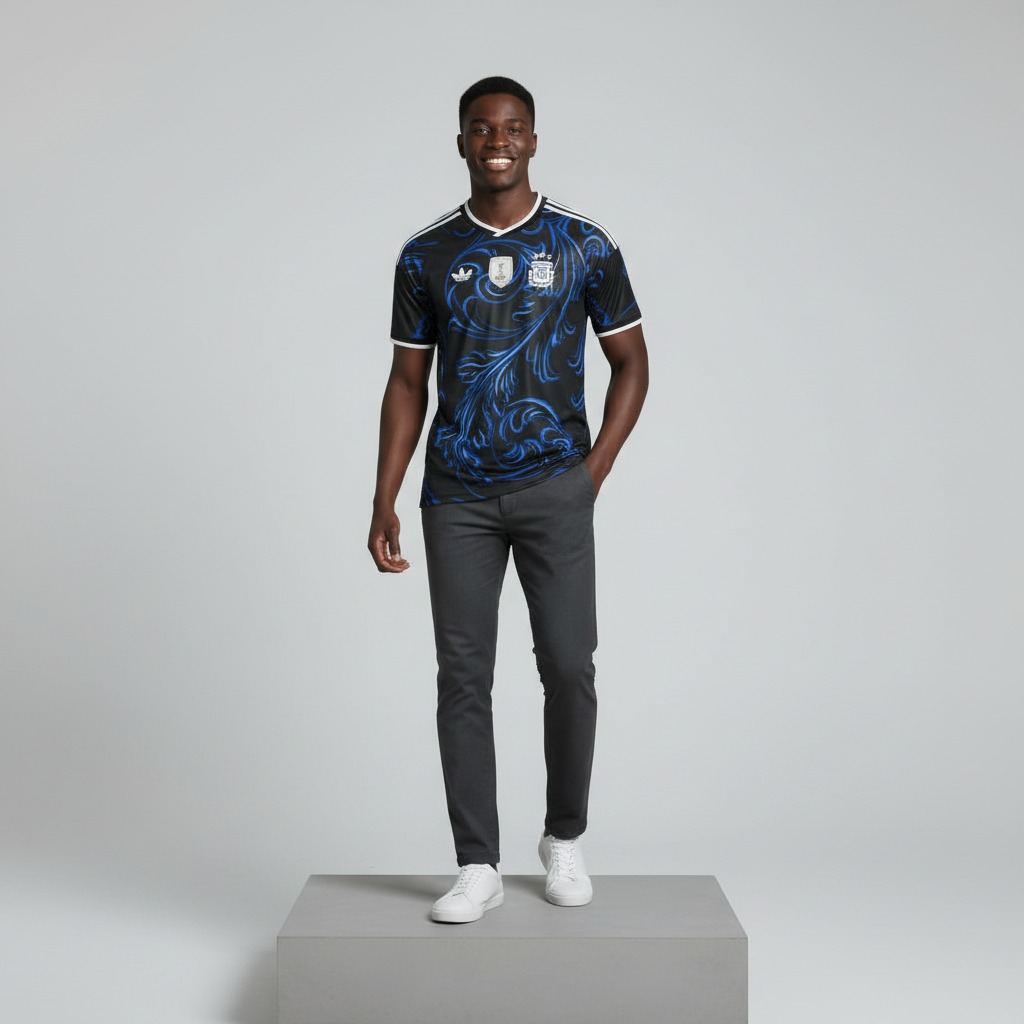 Nigerian male model wearing black blue baroque swirl football jersey on concrete plinth