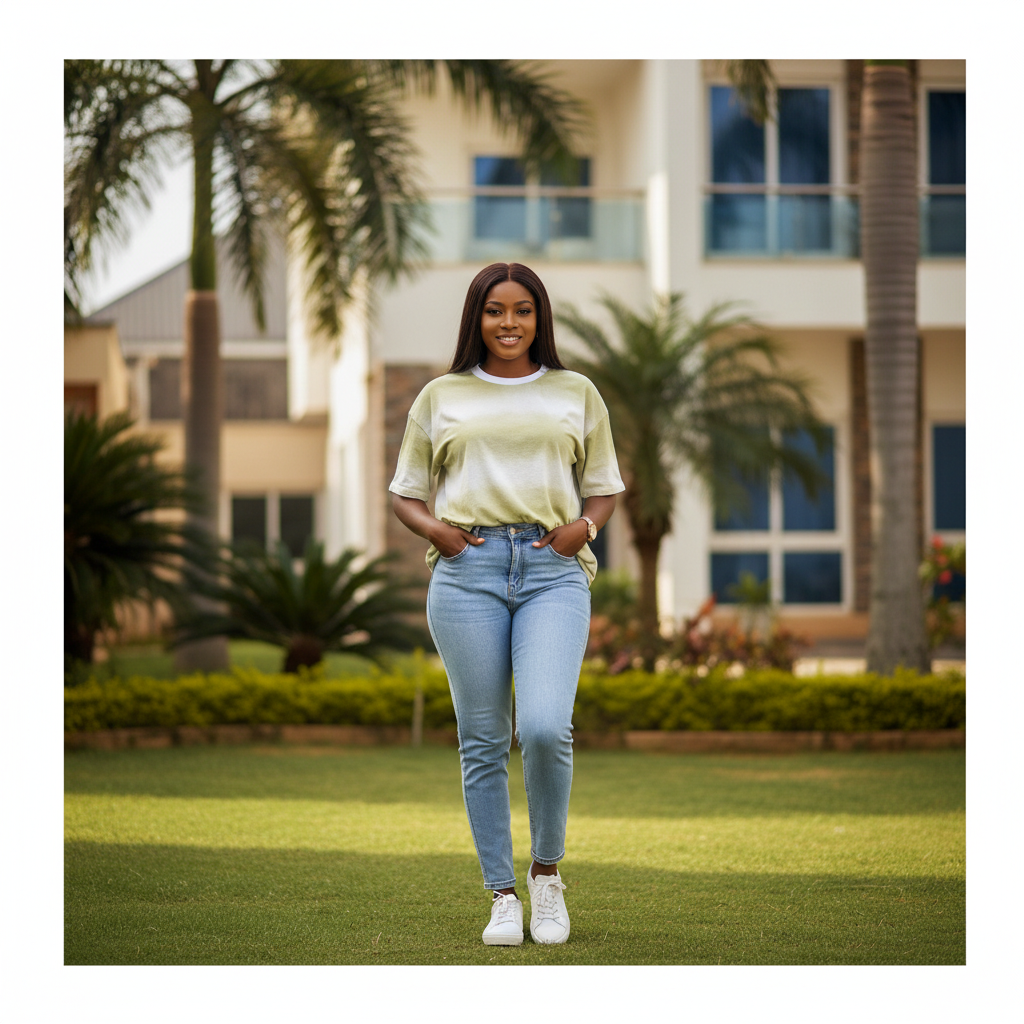 Nigerian female model wearing olive and white striped oversized crew neck tee