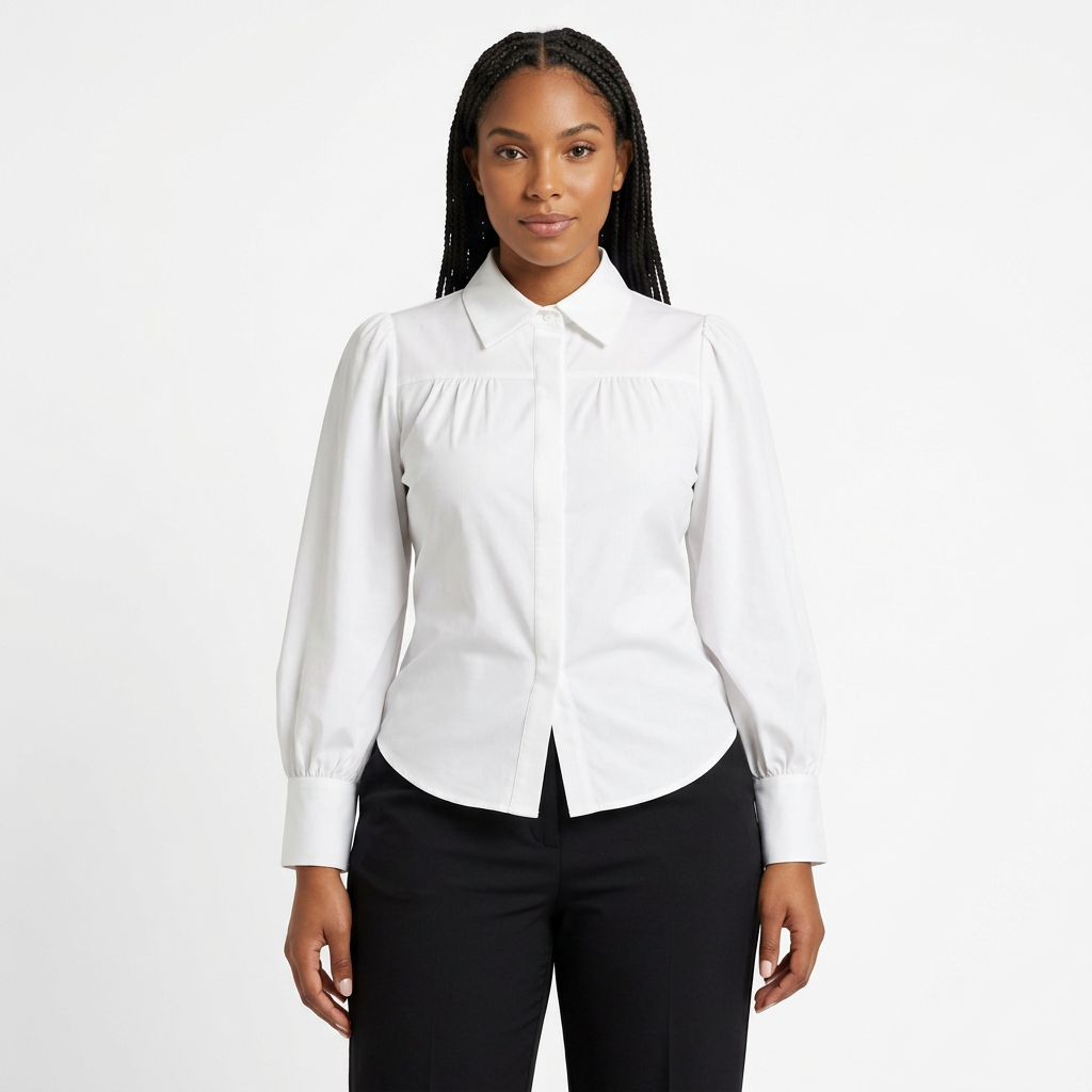 Black female model wearing a white gathered bishop-sleeve blouse on white