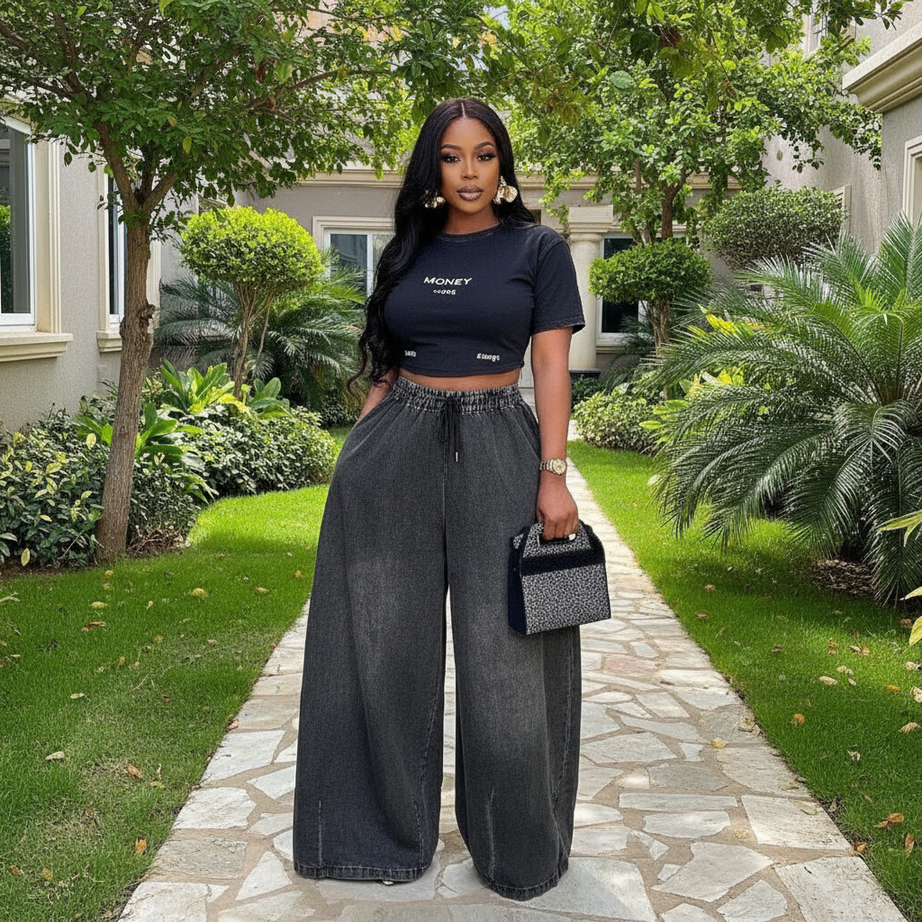 Women's black washed wide-leg baggy denim jeans — Nigerian female model shot