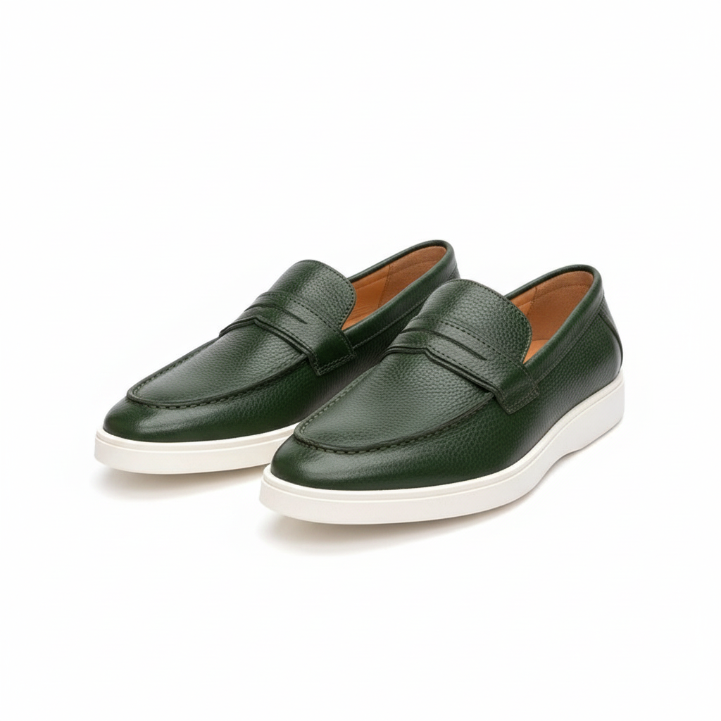 Forest Green Pebbled Leather Penny Loafer - Ghost Mannequin