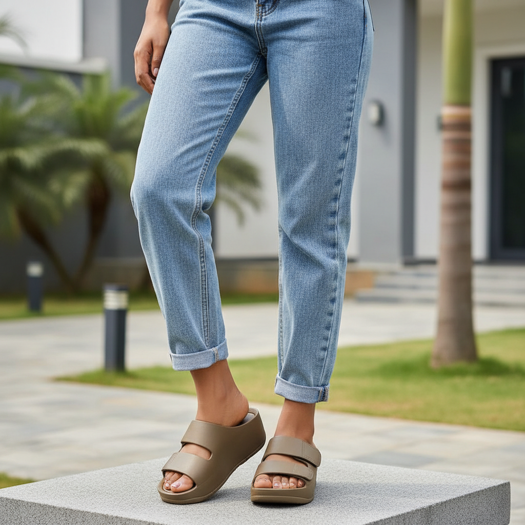 Nigerian model wearing khaki double-strap platform wedge mule slippers - both feet styled