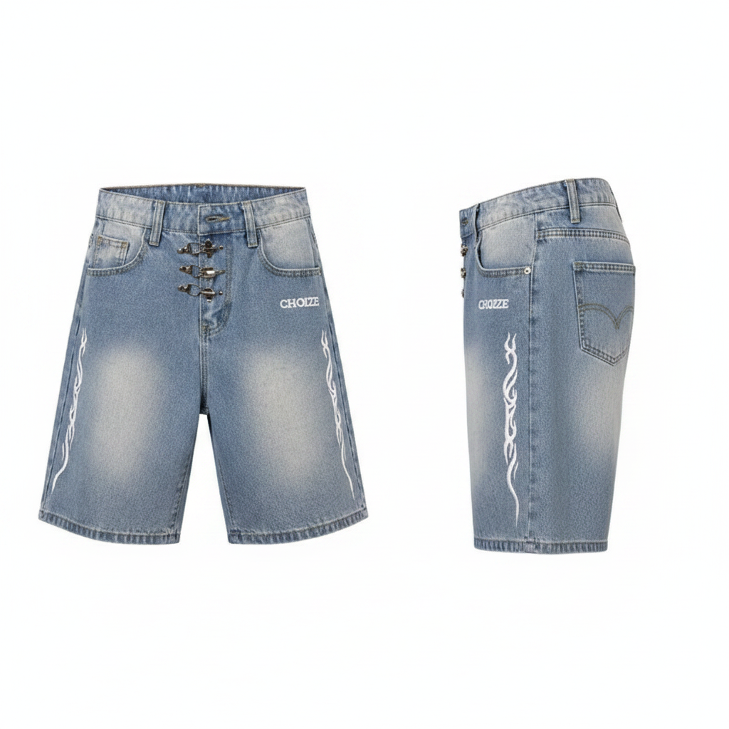 Men's light blue tribal flame embroidered hardware denim shorts ghost mannequin front and side view